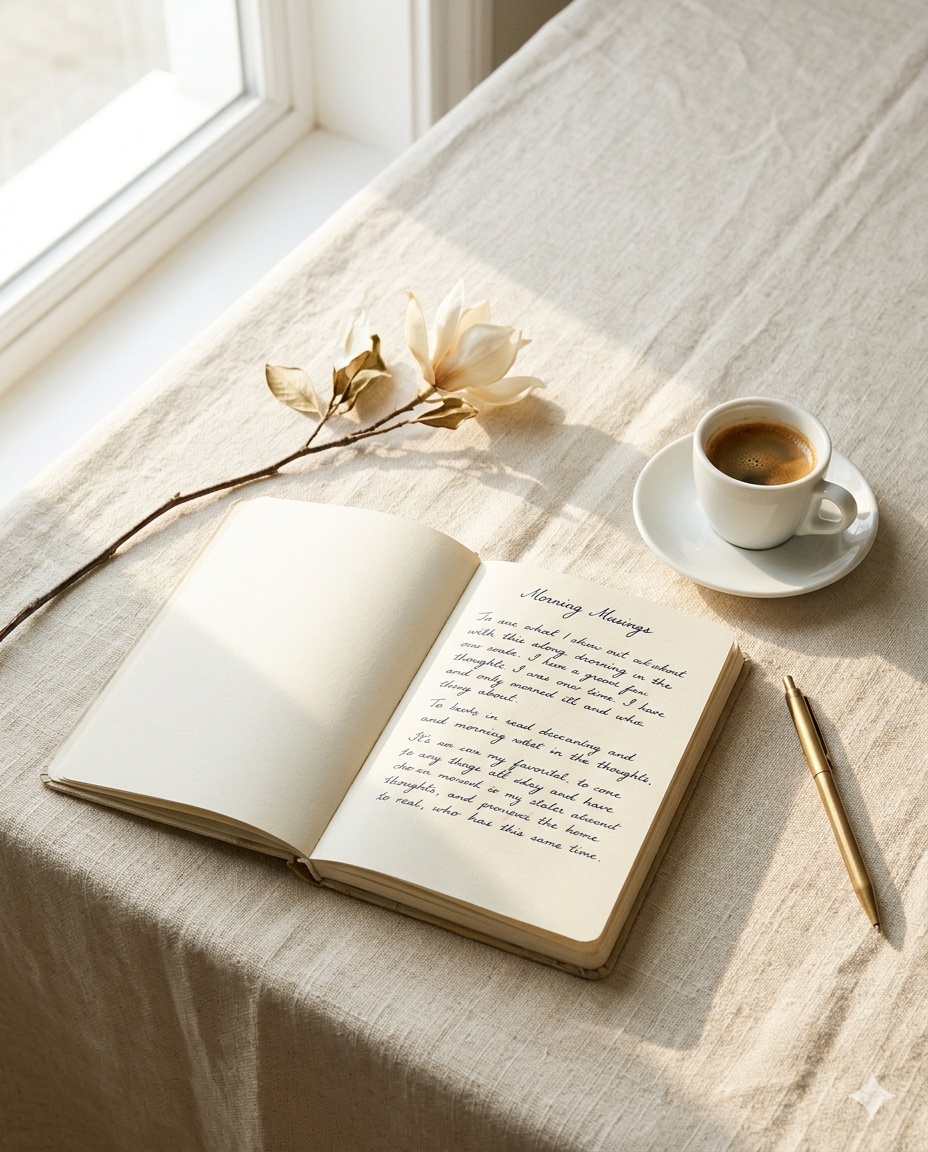 Nature morte lumineuse — carnet ouvert, espresso et stylo doré sur lin crème, lumière naturelle de fin de matinée