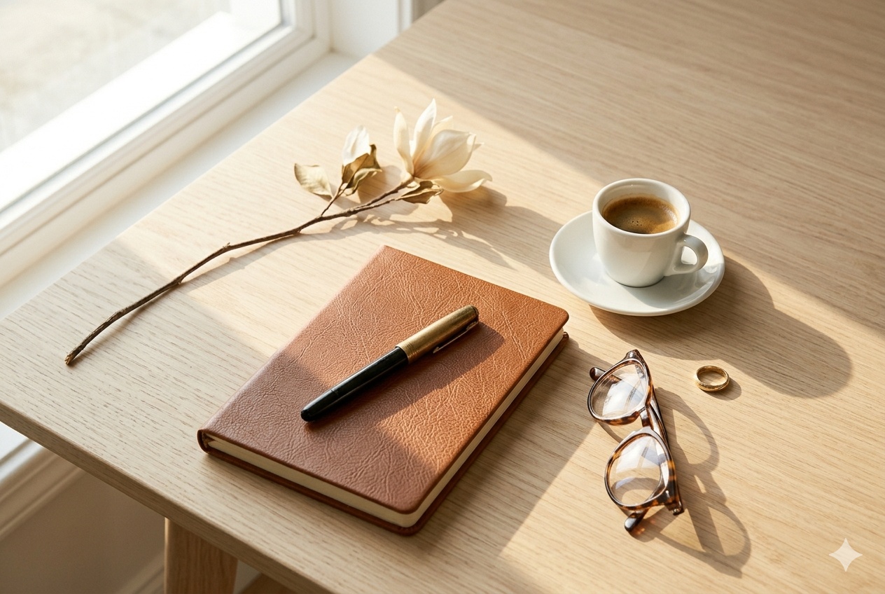 Le bureau de Mya — carnet en cuir, stylo plume, espresso et lunettes sur chêne pâle, en lumière naturelle